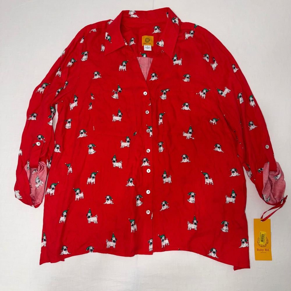 Ruby Rd Shirt Womens Large Red Christmas Pug Print Rayon Roll Tab Sleeves NWT